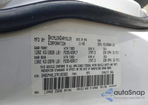 2007 Chrysler Pacifica z USA, uszkodzony, nr VIN 2A8GM48L37R195383